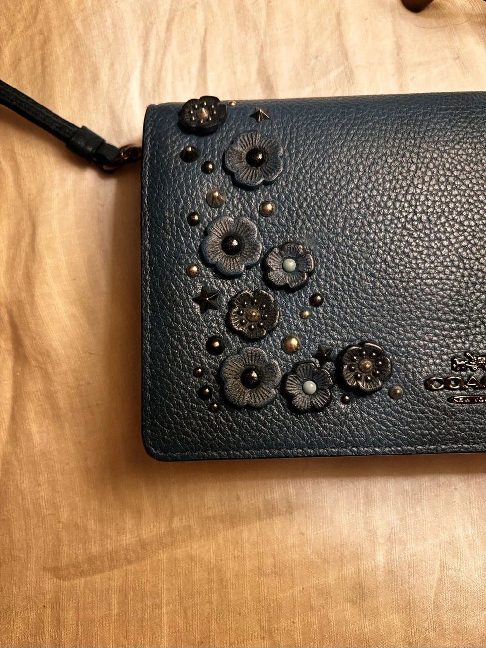 Coach Phone Crossbody – Dark Blue Pebbled Floral & Studs– Like New - Picture 5 of 9